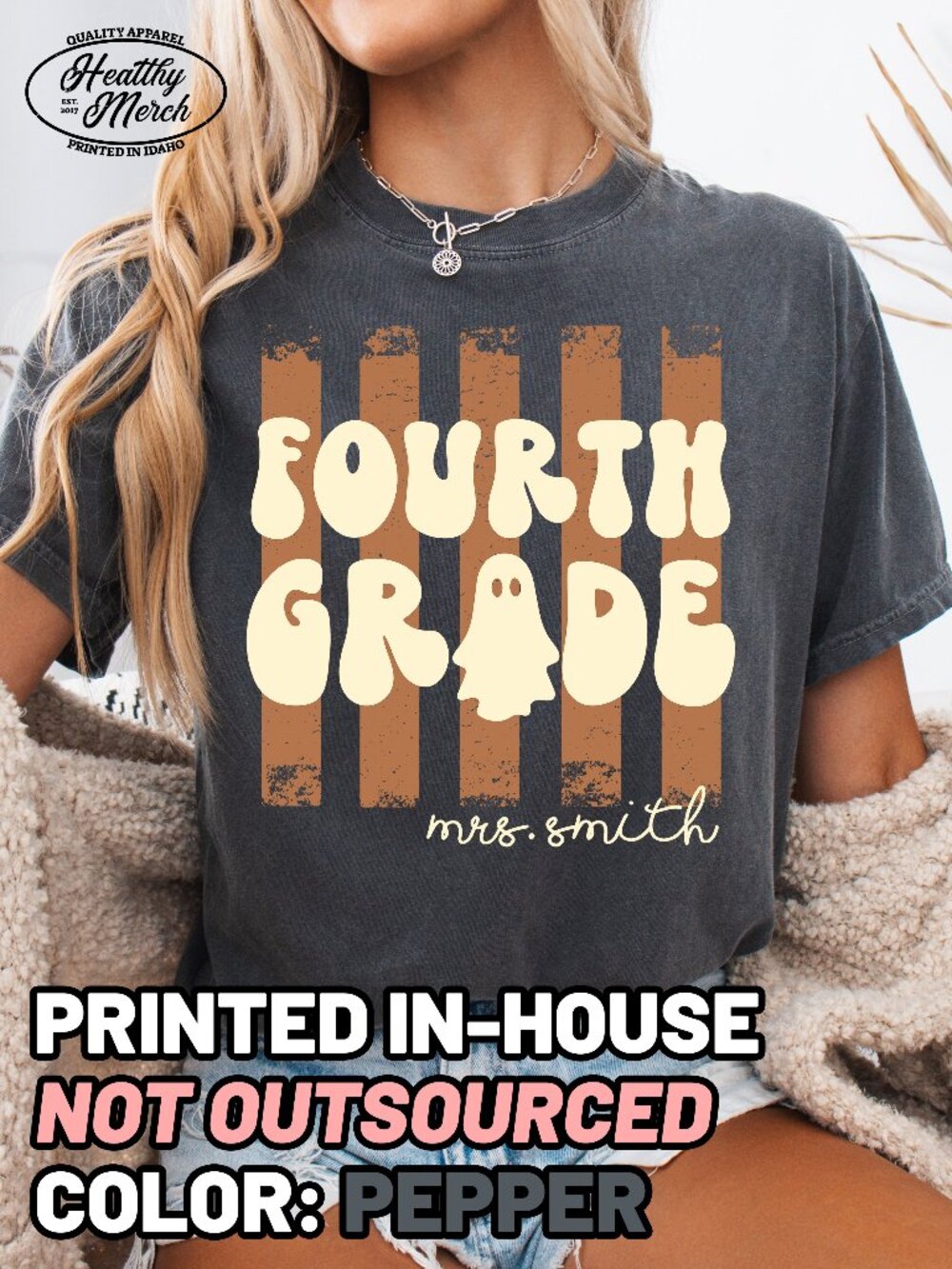 Fourth Grade Retro Stripe Halloween Teacher Shirt Comfort Colors Pepper
